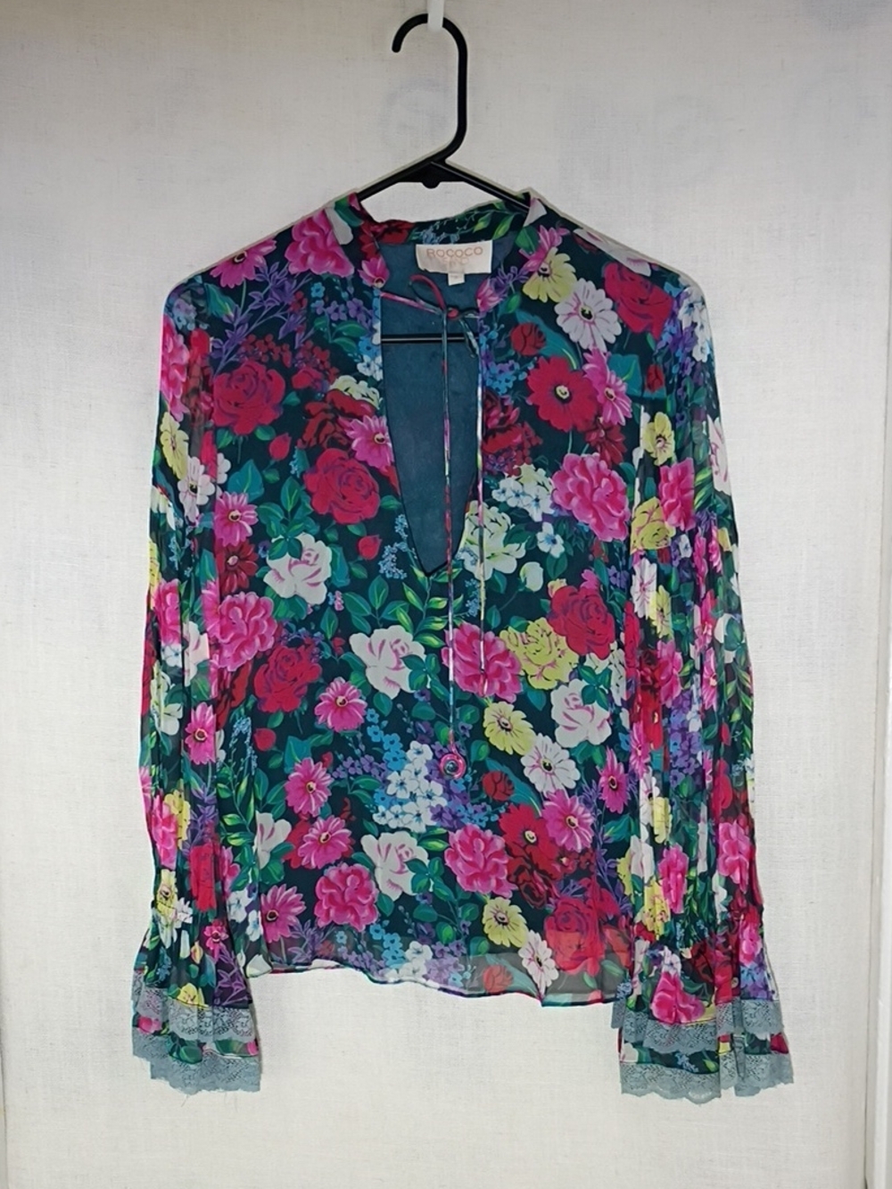 Rococo Sand Floral Tie-Neck Blouse - Navy Multicolor